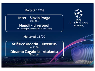 Sky Sport Diretta Champions #1, Palinsesto Telecronisti Juventus, Inter, Napoli, Atalanta