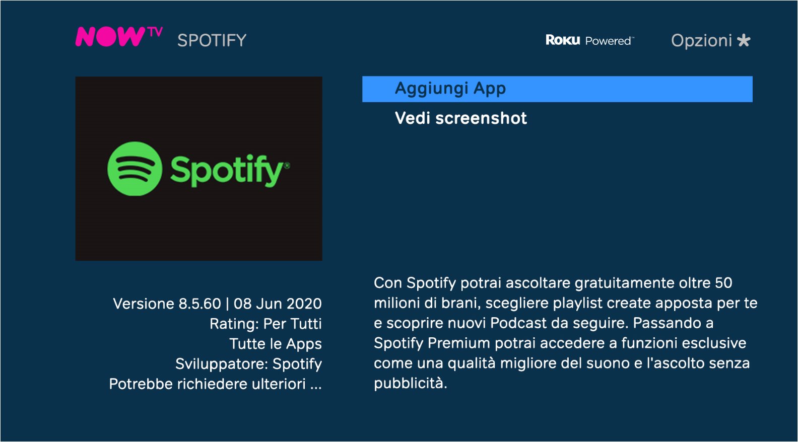 App Spotify 8.5.60 disponibile su NOW TV Smart Stick e TV Box