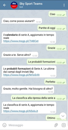 Sky Sport Teams: il bot news Telegram dedicato alle squadre di Serie A