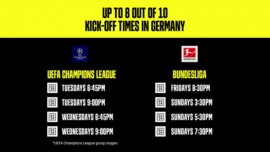 DAZN, il servizio di streaming sportivo globale, è la "nuova casa del calcio" in Germania dopo aver ottenuto i diritti in esclusiva della UEFA Champions League per le prossime tre stagioni.     A partire dal 2021 e fino al 2024, DAZN trasmetterà in Germania, Austria e Svizzera 121 delle 138 partite in programma, dai preliminari fino alla finale. Ogni match, tranne uno a settimana, sarà trasmesso live e in esclusiva dalla piattaforma di streaming, con la finale invece trasmessa in contemporanea anche dalla televisione pubblica. Inoltre, DAZN sarà la sede di un esclusivo formato “conferenza” che mostrerà le azioni live della maggior parte delle partite. Su DAZN anche tutti gli highlights dei match.     A queste si aggiungono le 106 partite di Bundesliga i cui diritti sono stati recentemente acquisiti per le prossime quattro stagioni in Germania, Austria e Svizzera.