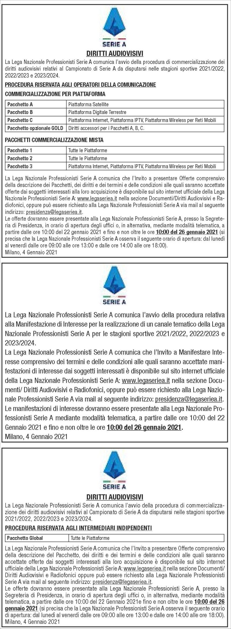 Diritti Tv Serie A 2021 - 2024, pubblicati dalla Lega gli inviti a presentare offerte