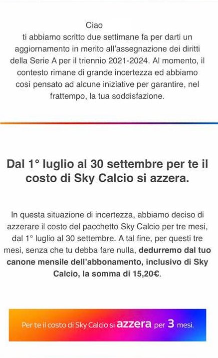 Sky azzera ai clienti costo pacchetto Calcio per 3 mesi (1 Luglio - 30 Settembre)