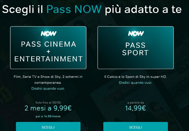 NOW TV, Pass Cinema e Entertainment per i primi 2 mesi a 9,99€
