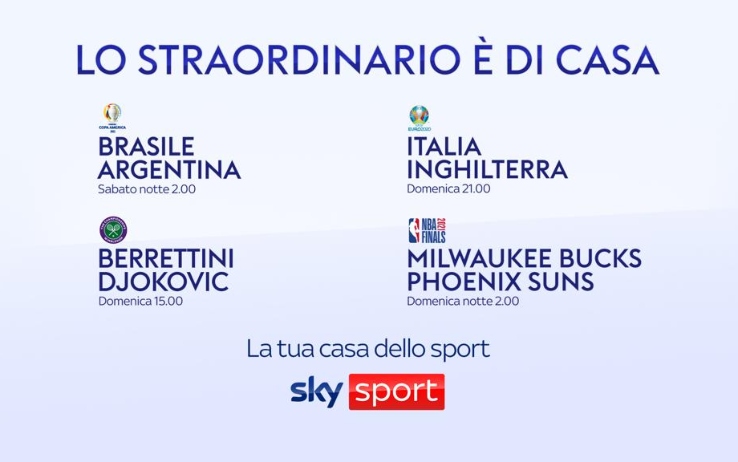 La domenica delle finali su Sky con Euro 2020, Wimbledon, Copa America, NBA