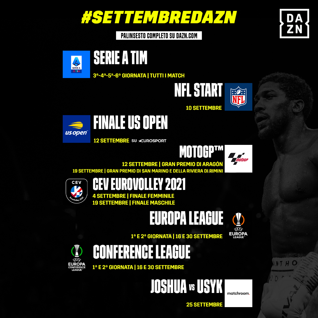 Settembre su DAZN | tra gli eventi Calcio Serie A, MotoGP, Europei di Volley, NFL