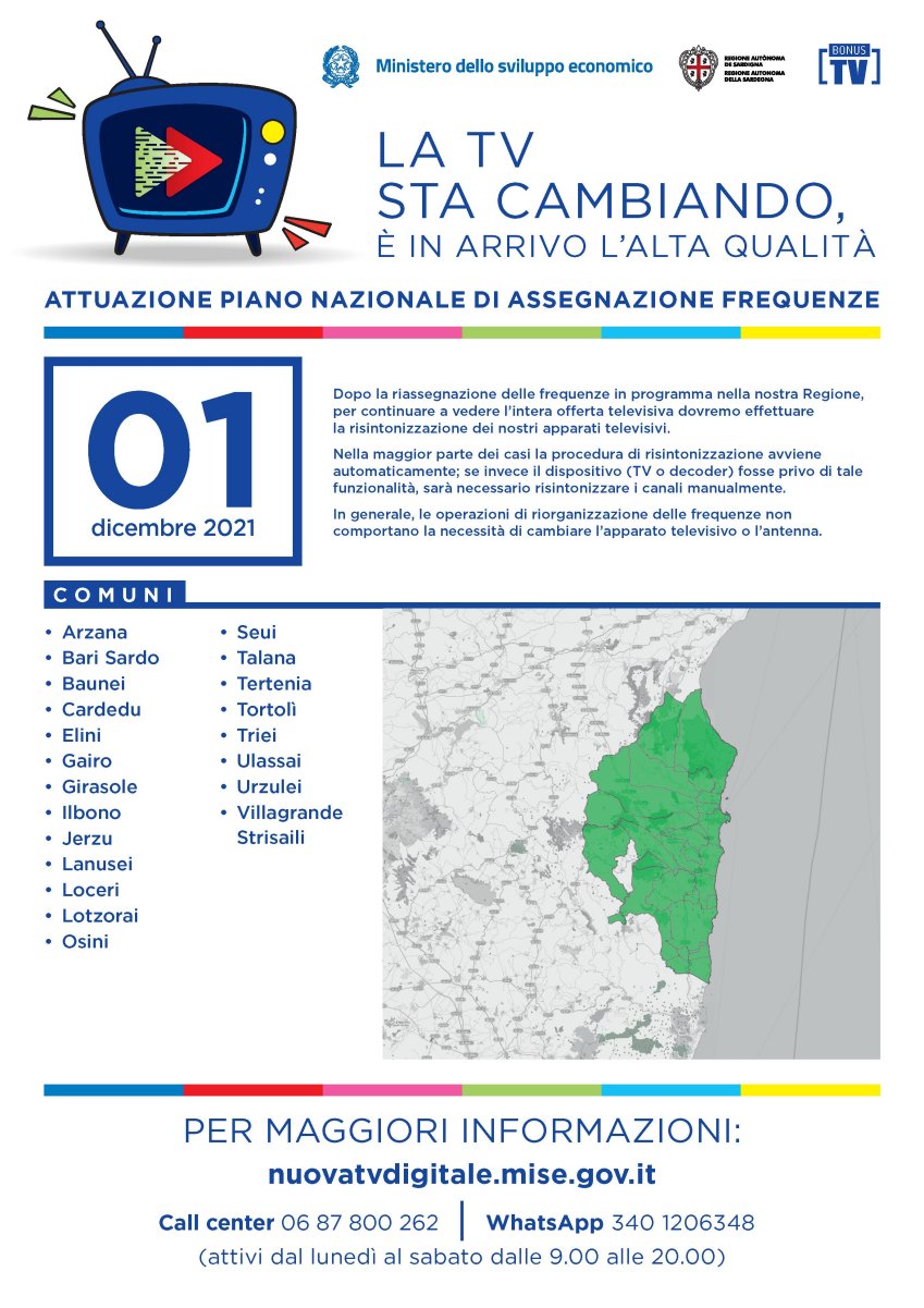 Banda 700 e refarming frequenze Digitale Terrestre Sardegna (Ogliastra, 1 Dicembre 2021)