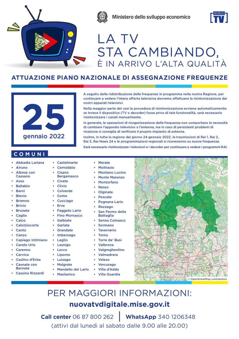Rilascio banda 700 e refarming frequenze Digitale Terrestre Lombardia (25 Gennaio 2022)