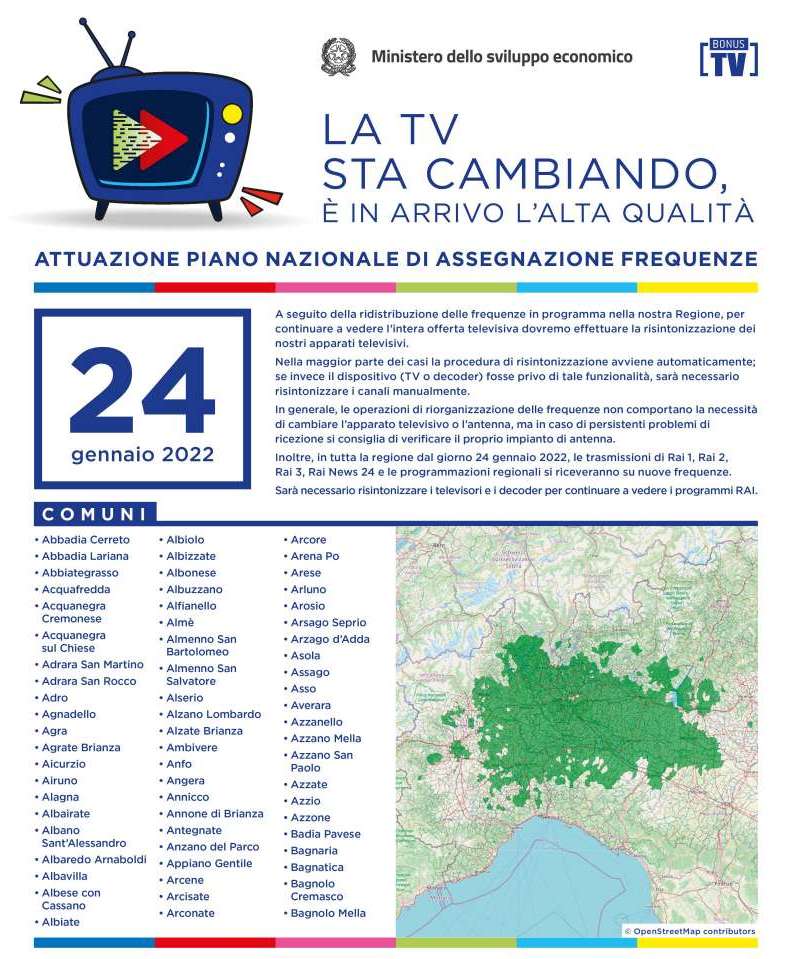 Rilascio banda 700 e refarming frequenze Digitale Terrestre Lombardia (23 Gennaio 2022)