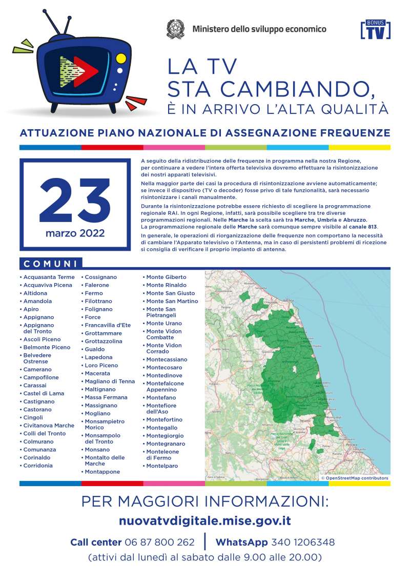 Rilascio banda 700 e refarming frequenze Digitale Terrestre Marche (23 Marzo 2022)