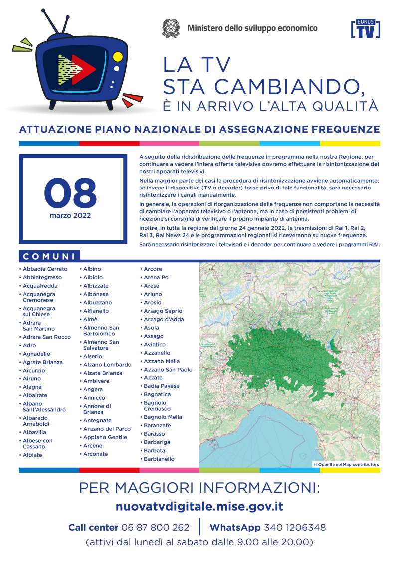 Rilascio banda 700 e refarming frequenze Digitale Terrestre Lombardia (8 Marzo 2022)