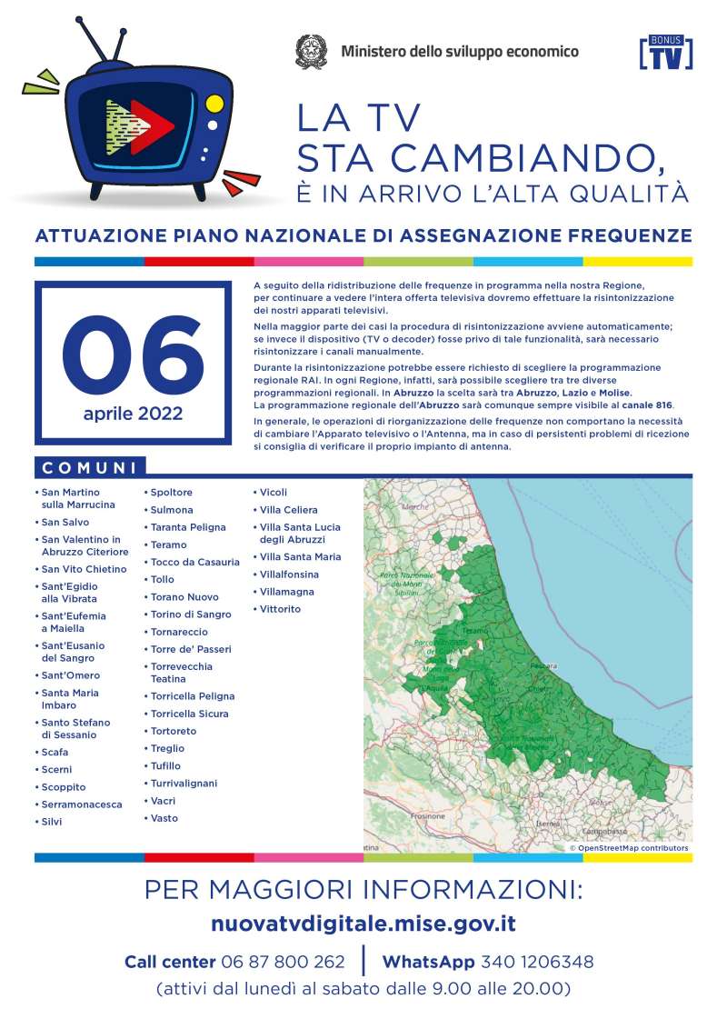 Rilascio banda 700 e refarming frequenze Digitale Terrestre Abruzzo (6 Aprile 2022)