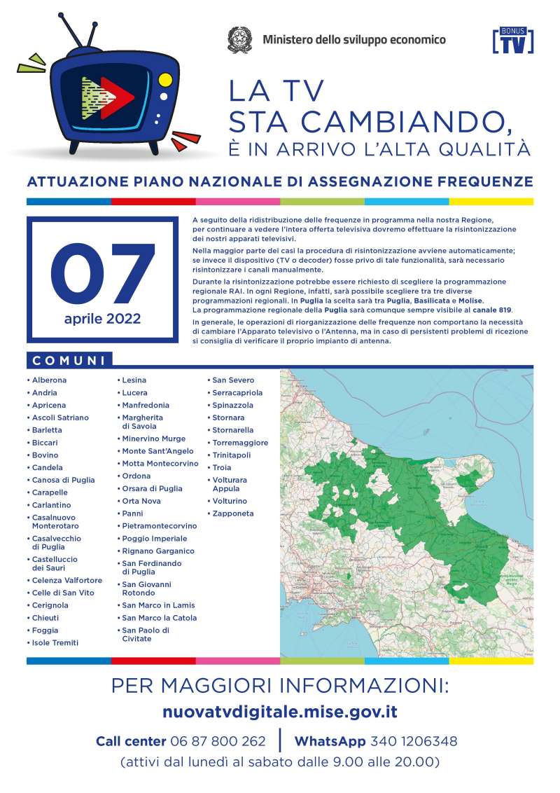 Rilascio banda 700 e refarming frequenze Digitale Terrestre Puglia (7 Aprile 2022)