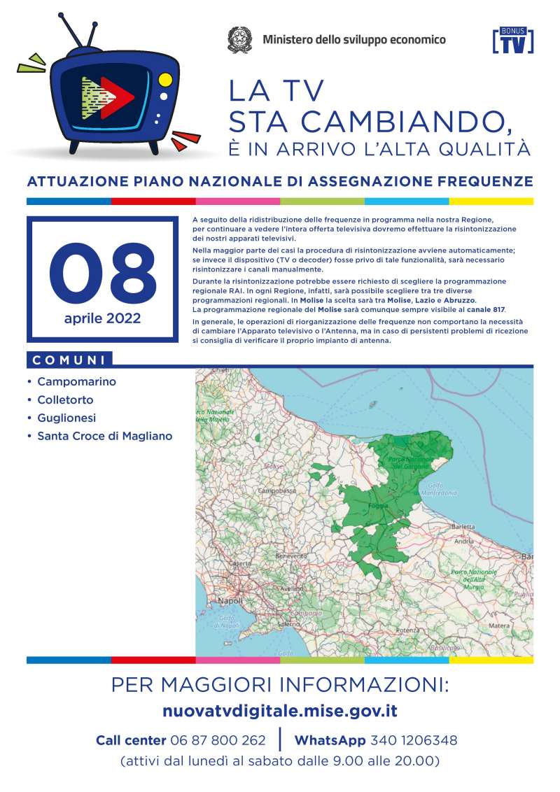 Rilascio banda 700 e refarming frequenze Digitale Terrestre Molise (8 Aprile 2022)