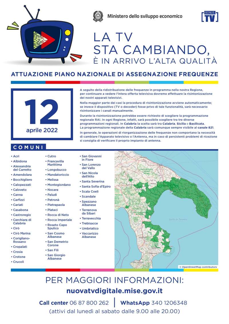 Rilascio banda 700 e refarming frequenze Digitale Terrestre Calabria (12 Aprile 2022)