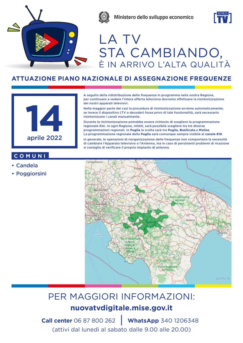 Rilascio banda 700 e refarming frequenze Digitale Terrestre Puglia (14 Aprile 2022)