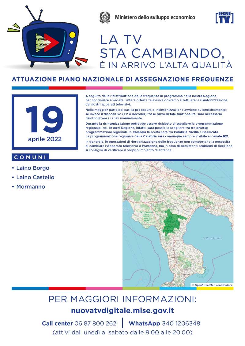 Rilascio banda 700 e refarming frequenze Digitale Terrestre Calabria (19 Aprile 2022)