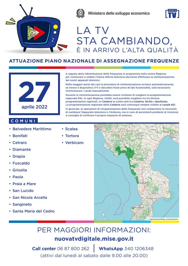 Rilascio banda 700 e refarming frequenze Digitale Terrestre Calabria (27 Aprile 2022)