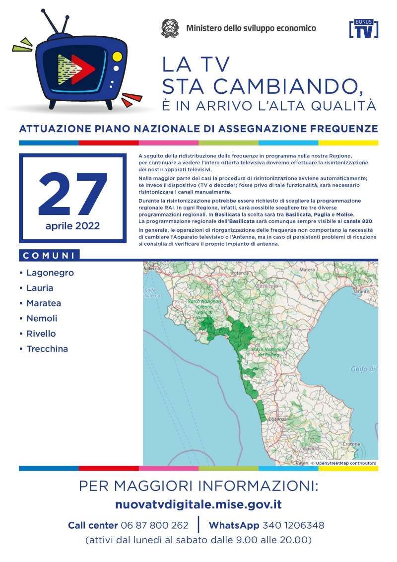 Rilascio banda 700 e refarming frequenze Digitale Terrestre Basilicata (27 Aprile 2022)