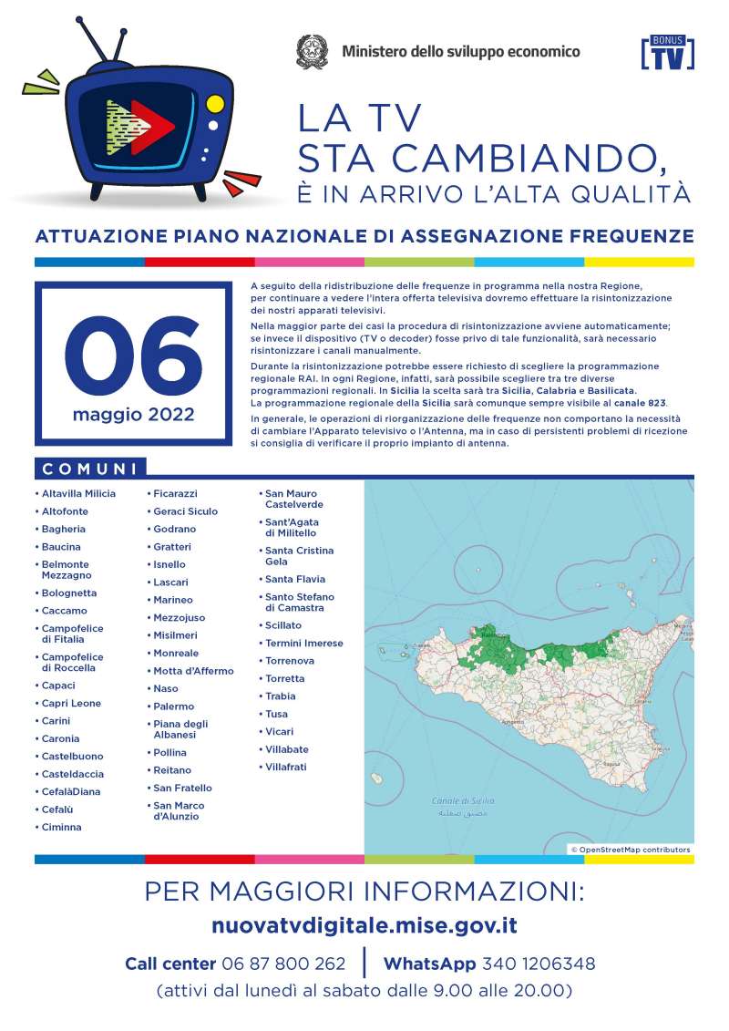 Rilascio banda 700 e refarming frequenze Digitale Terrestre Sicilia (6 Maggio 2022)