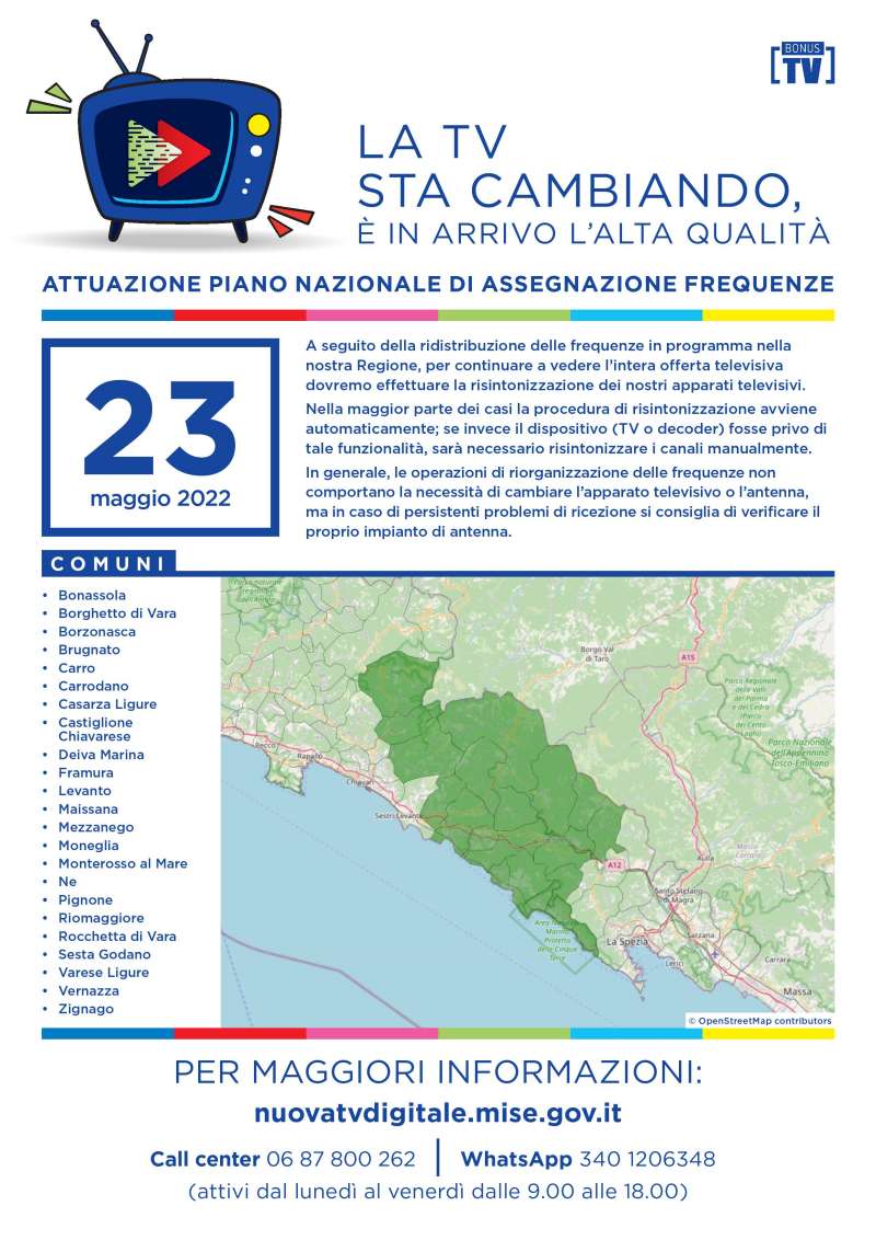 Rilascio banda 700 e refarming frequenze Digitale Terrestre Liguria (23 Maggio 2022)