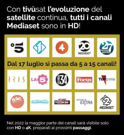 Dal 17 Luglio salgono i canali gratuiti del gruppo Mediaset in HD su Tivùsat