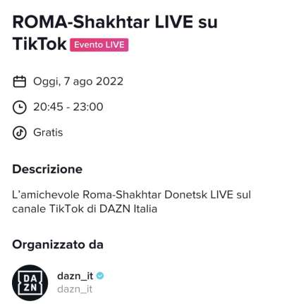 DAZN, mezzo milione di views sul canale TikTok per amichevole Roma in diretta