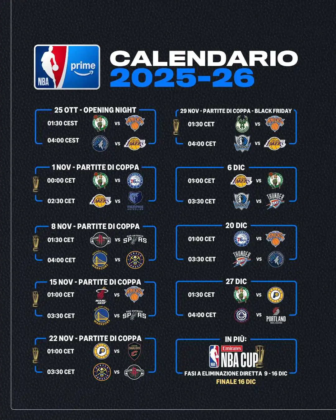 NBA su Prime Video: il primo calendario delle partite in esclusiva, Emirates NBA Cup e Finals 2026