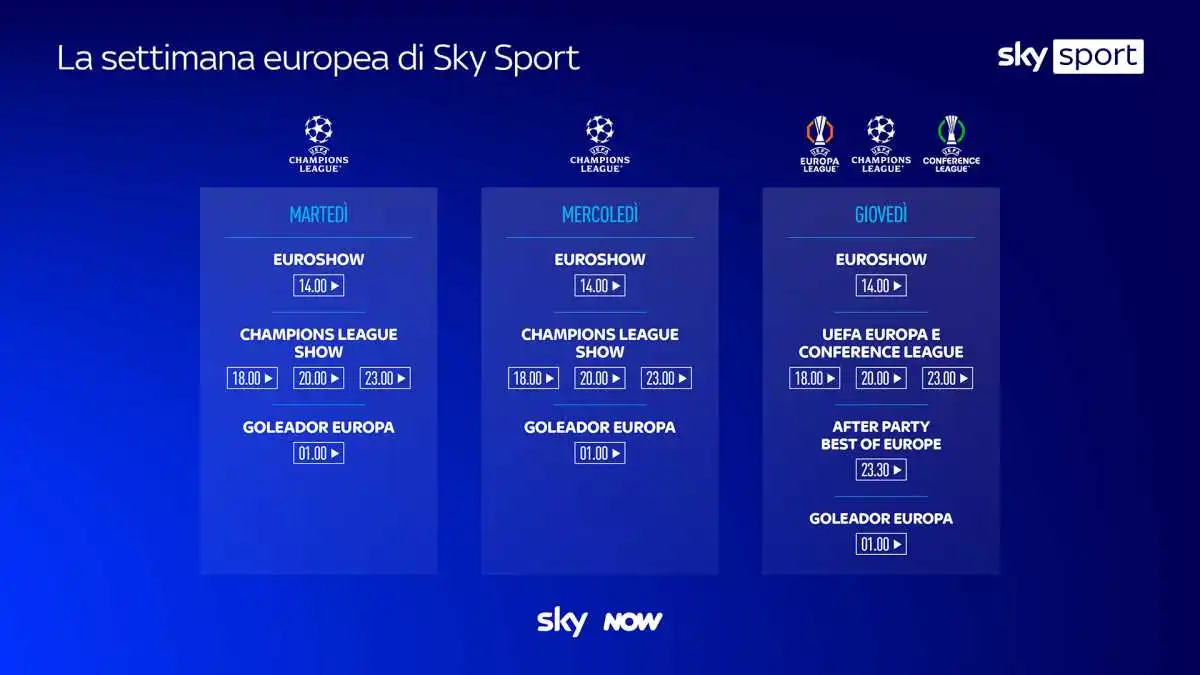 Sky e NOW: tornano le notti magiche di Champions, Europa e Conference League con 527 partite live