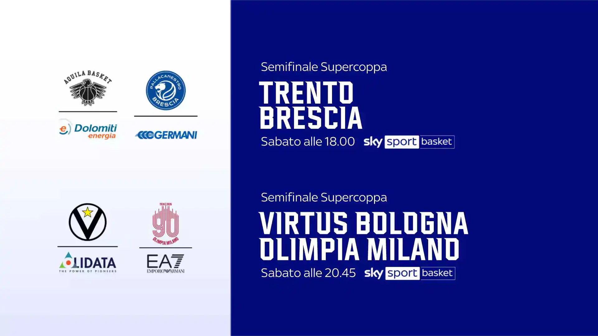 Basket Supercoppa Italiana 2025 diretta Sky Sport e NOW: Trento, Brescia, Bologna, Milano LIVE su Cielo