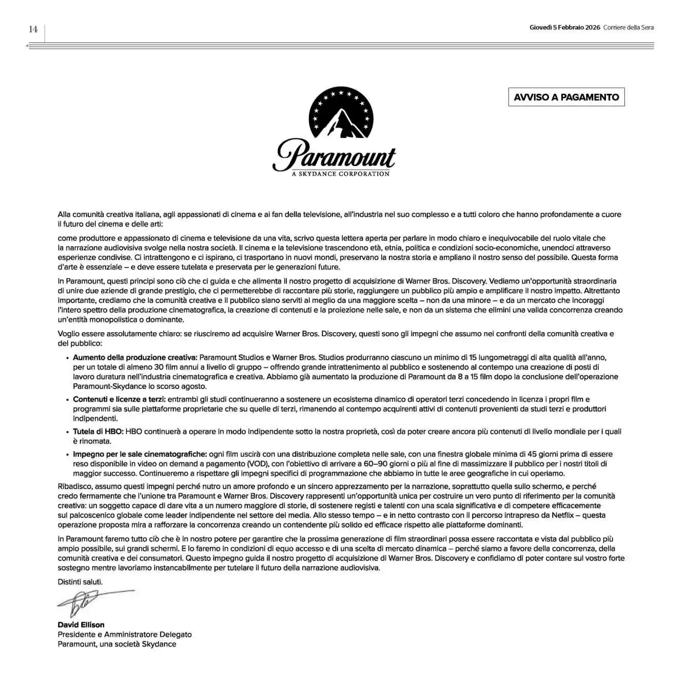 Paramount, Ellison con una lettera difende il cinema contro il modello streaming