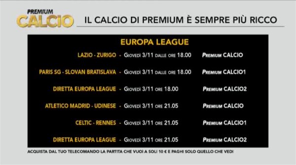 4a giornata di Europa League: Mediaset Premium - Programma e Telecronisti