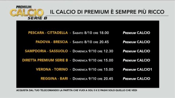 9a giornata di Serie B: Mediaset Premium - Programma e Telecronisti (e Diretta Premium)