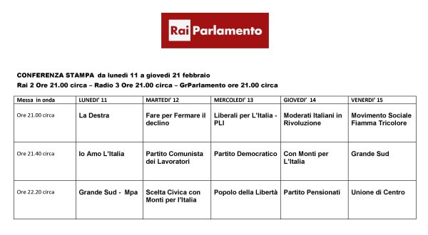 Elezioni 2013 sulla Rai: il calendario per l'ultima fase della campagna elettorale