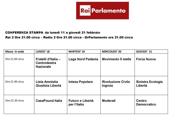 Elezioni 2013 sulla Rai: il calendario per l'ultima fase della campagna elettorale