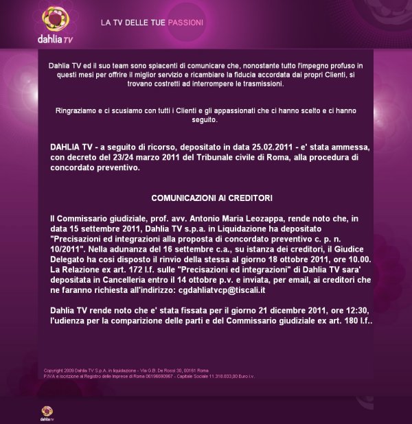 Immagine nel testo correlata a: Crisi Dahlia Tv - Movimento Consumatori invita a dire no al concordato