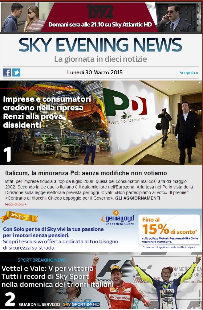 Sky Evening News, la newsletter Sky raggiunge 250 pubblicazioni