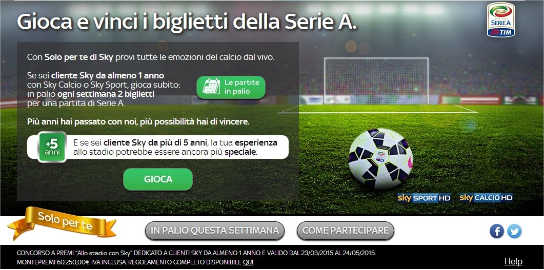 #SkySoloPerTe, su Sky.it in palio ogni settimana 2 biglietti di Serie A