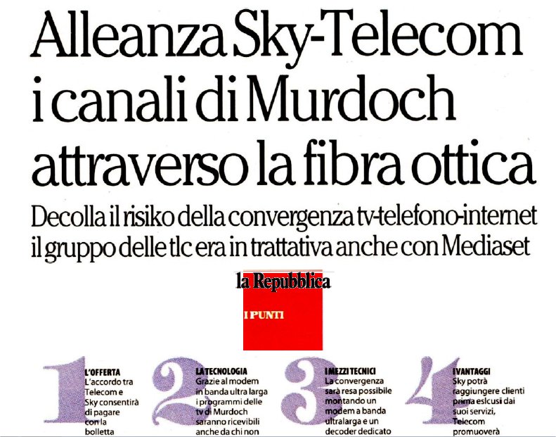 Immagine di Giovedì presentazione dell&#039;alleanza Sky - Telecom Italia per la fibra ottica