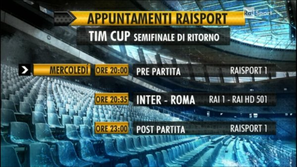 Coppa Italia Semifinale Ritorno: Inter - Roma (diretta tv su Rai 1 e Rai HD) Coppa Italia Semifinale Ritorno: Inter - Roma (diretta tv su Rai 1 e Rai HD)