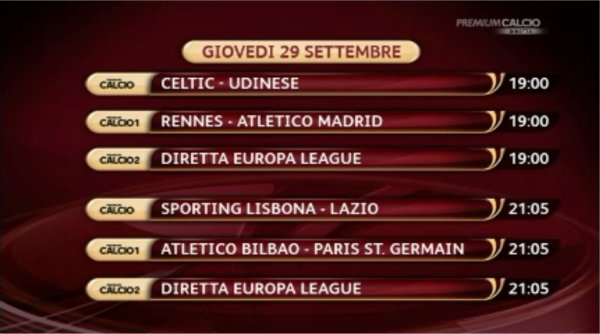 2a giornata di Europa League: Mediaset Premium - Programma e Telecronisti