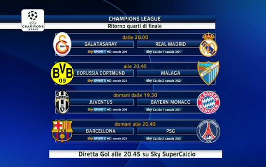 Sky Sport - Quarti Ritorno Champions League: Programma e Telecronisti Immagine nel testo correlata a: Sky Sport - Quarti Ritorno Champions League: Programma e Telecronisti