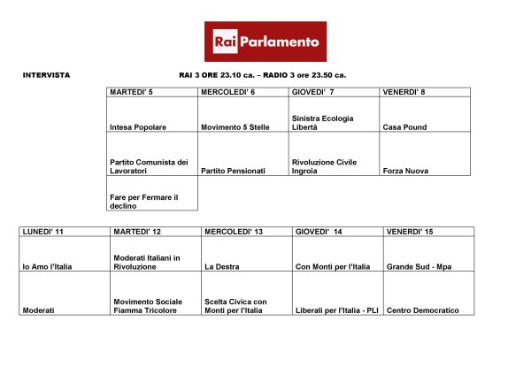 Elezioni 2013 sulla Rai: il calendario per l'ultima fase della campagna elettorale