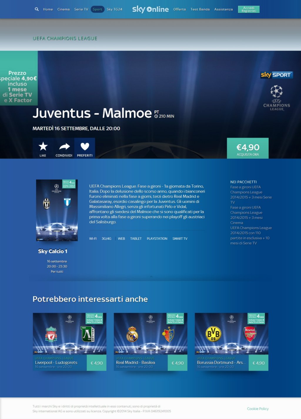 Juventus - Malmoe, 1 mese di Serie e X Factor su Sky Online a 4,90 euro
