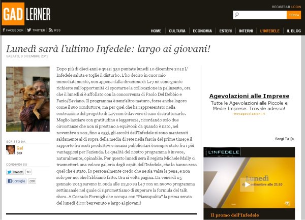 Immagine di Lerner &#039;&#039;No al cambio di palinsesto per l&#039;Infedele, tolgo il disturbo&#039;&#039;