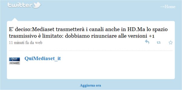 Mediaset annuncia su Twitter la decisione di trasmettere anche in HD Mediaset annuncia su Twitter la decisione di trasmettere anche in HD