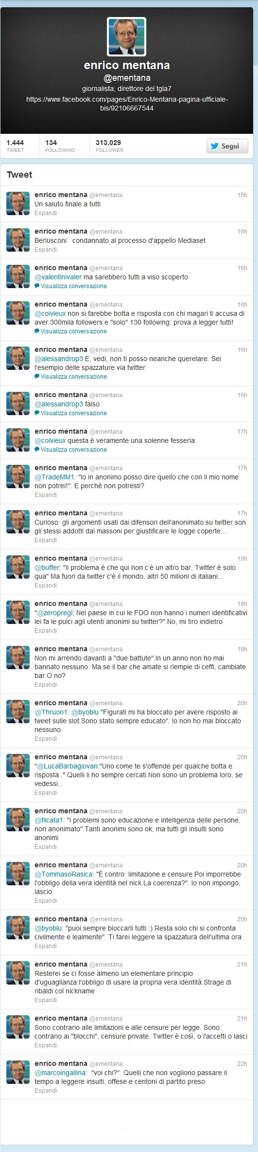 Immagine di Troppi insulti ricevuti, Mentana abbandona il suo profilo Twitter