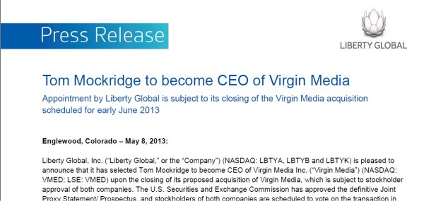 Immagine di Tom Mockridge (ex Sky Italia) è il nuovo ceo di Virgin Media
