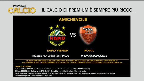 Calcio, Amichevole: Rapid Vienna-Roma (diretta solo PPV su Mediaset Premium) Immagine nel testo correlata a: Calcio, Amichevole: Rapid Vienna-Roma (diretta solo PPV su Mediaset Premium)