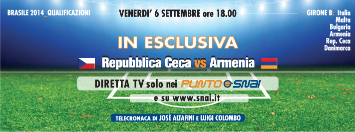 Domani Repubblica Ceca - Armenia visibile in tv solamente nei punti Snai Immagine nel testo correlata a: Domani Repubblica Ceca - Armenia visibile in tv solamente nei punti Snai