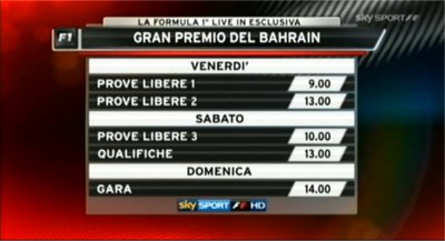 Sky Sport F1 HD: il palinsesto del Gp del Bahrain della Formula 1 (18-21 Aprile) Sky Sport F1 HD: il palinsesto del Gp del Bahrain della Formula 1 (18-21 Aprile)